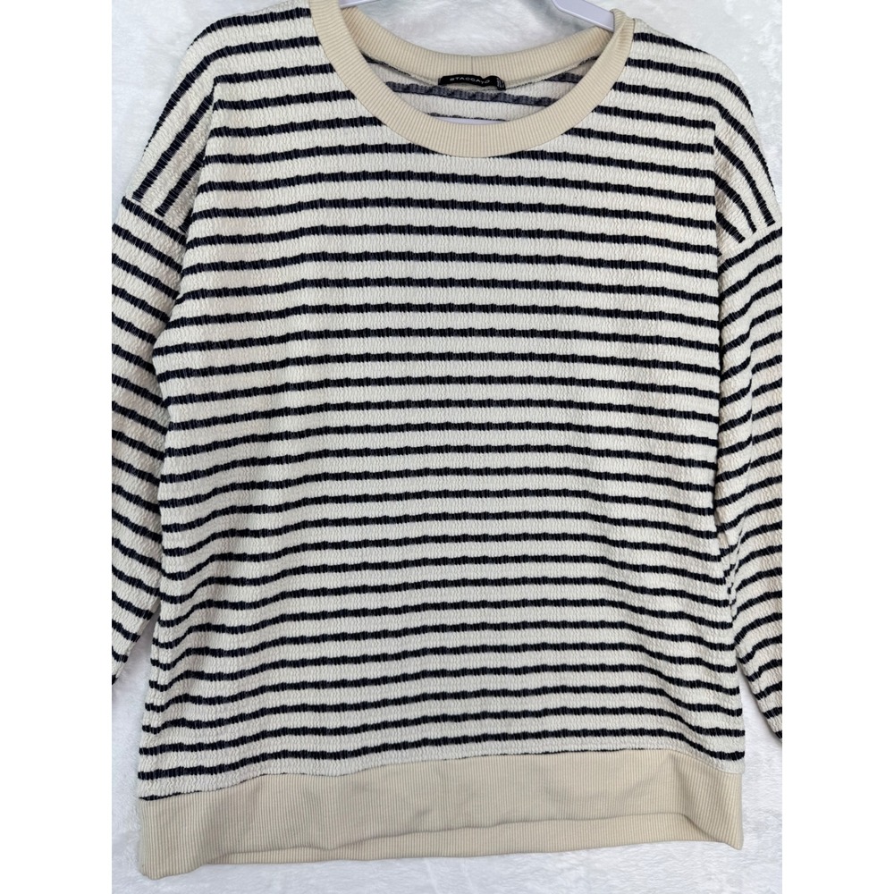 Staccato‎ Women Textured Striped Pullover Sweater Cream Black Crew Neck Casual L - Picture 3 of 7